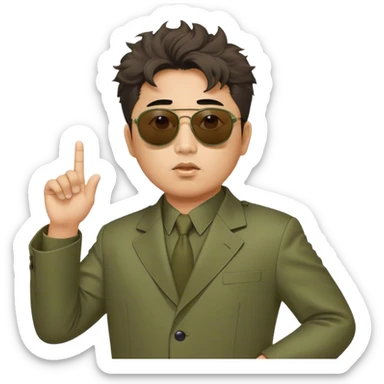 Messy haired Kim Jung Il directs a movie wearing olive mao suit and large sunglasses sticker