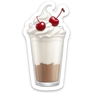 Milkshake white in a gla cup with whipped cream and a cherry on top sticker