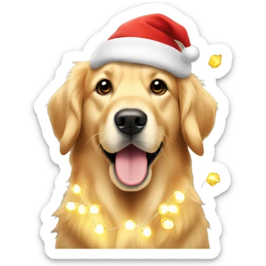 Golden retriever with Christmas lights and hat sticker