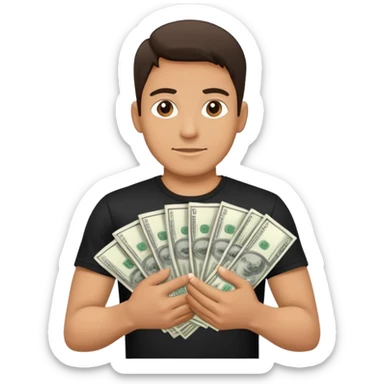 A man in a black t-shirt holding a stack of money in his hands sticker