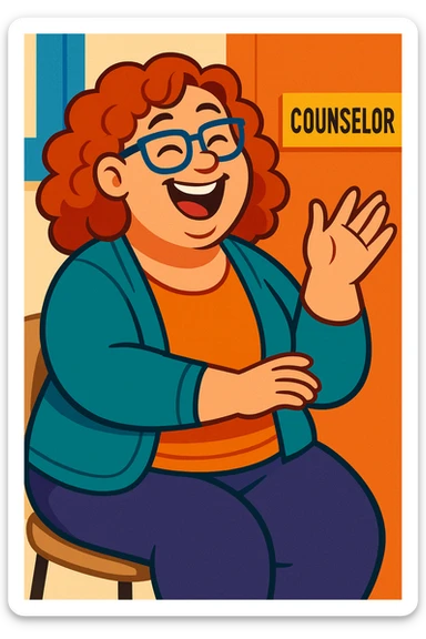 fun high school female counselor, curly red shoulder-length hair, blue glasses, overweight, laughing, friendly vibe, casual clothes sticker