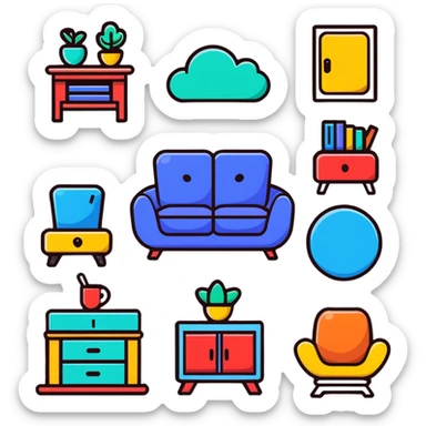 colorful interior design style quiz logo with swiping gesture and different furniture styles sticker