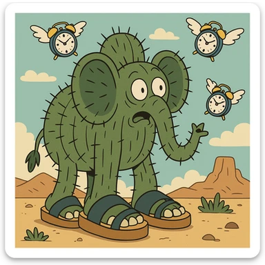 giant cactus elephant wearing huge sandals in a desert with flying alarm clocks in the sky, inspired by Lyriq LaRue from Super Brainrot sticker