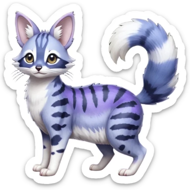  Realistic dull gloomy-dark-deep-grayish-indigo-violet-gradients fur with random markings beautiful elegant pretty precious cute  Fakémon-Pokémon-opossum-feline-serval-caracal-chinchilla-Minccino-hybrid-creature with a big fluffy bushy striped tail (full body) sticker