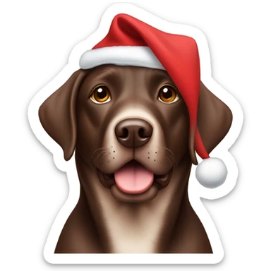 Chocolate lab wearing a Christmas hat sticker