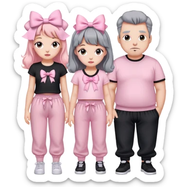 2 person, one girl wearing full pastel pink and lots of bows coquette vibe and cute face, one big buy wearing black pressing shirt and gray baggy sweatpants
 sticker