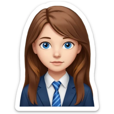 high school class room with a blackboard, with a pretty female high school student with long brown hair, blue eyes, wearing a tie sticker