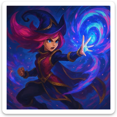 League of Legends champion, magical effects, action pose, stylized, bold colors, game art style sticker