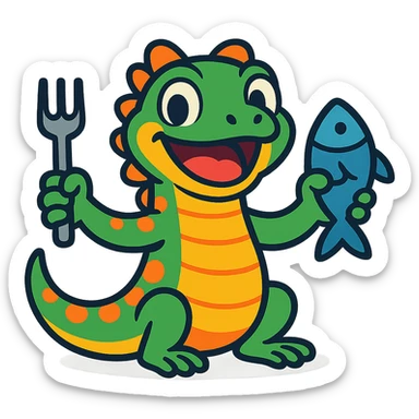 cute lizard, smiling, holding a fork and a fish, simple background, vibrant colors sticker