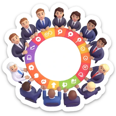 diverse business managers forming a circle with digital icons above them sticker
