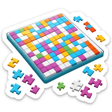 A photorealistic icon with a crossword magazine, a 3D puzzle and a partially completed puzzle on a table. Bright, detailed design with realistic lighting. Transparent background, clearly symbolizing puzzles and brain games. sticker