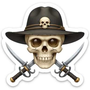 A skull and crossswords wearing a black wide brimmed traveler's hat. sticker