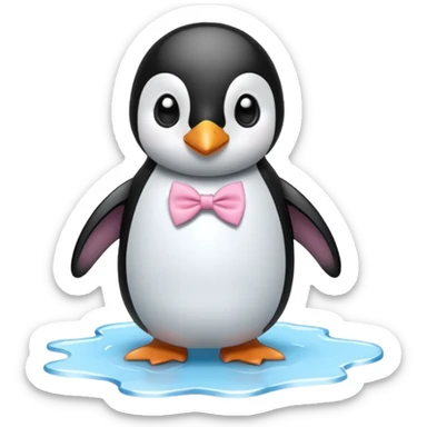 penguin, pink bow tie, standing on small ice melting sticker