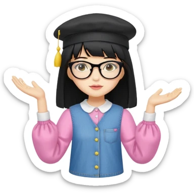 A yellow-skinned girl with long straight black hair, flat bangs, black frame glasses, a white puffy sleeve doll shirt, blue jeans and pink shoes, and a black painter's hat，no yellow spikes. sticker