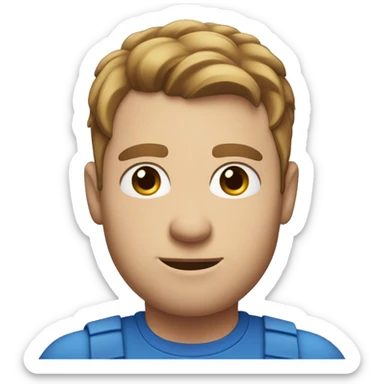 A head and shoulders shot of a 34 year old white man, with short brown hair,   with blue eyes wearing a t-shirt. sticker