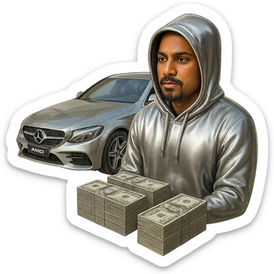 Make only the Indian man's hoodie chrome, keeping his skin and face natural. Add a goatee to the man. Include money on the side and a chrome AMG car in the scene. Keep the background transparent. sticker