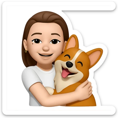 add a white t-shirt to her while she is hugging a corgi dog, keep the golden ring earrings, same style sticker