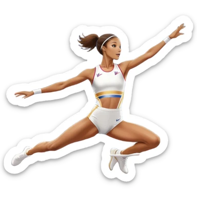 An icon featuring a female high jumper in mid-air, gracefully clearing a bar on a track. She wears a white athletic uniform and appears focused, with the background showcasing a vibrant stadium with cheering spectators and bright lights. Transparent background highlights the elegance  sticker
