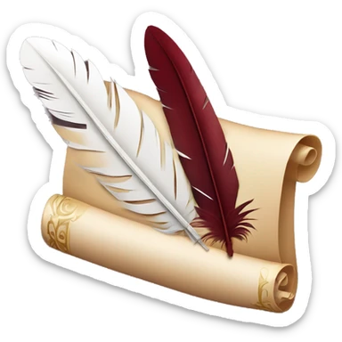 a maroon feather quill and an open SCROLL sticker