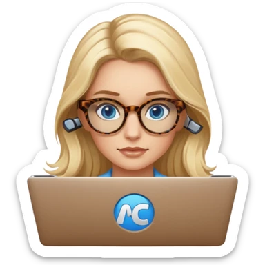  long blown out blonde hair woman blue eyes with tortoise shell print glasses on mac book  sticker