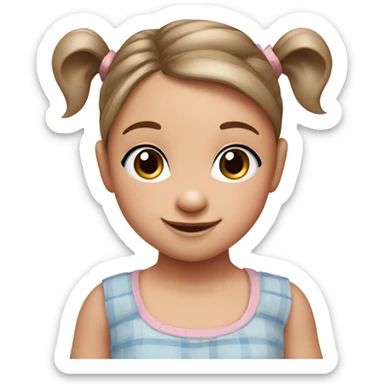 A toddler girl with 2 tiny pig tails on top of her hair with tiny bows, fair skin, blue eyes, brown hair, smiling, wearing a pastel shirt sticker