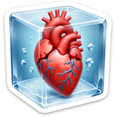 An artistic depiction of a human heart frozen in time, encased in a crystal-clear ice cube, symbolizing emotional coldness and isolation, cinematic lighting, high detail sticker