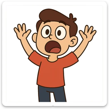 flat toon style character with big eyes and mouth open, hands up, 'aahh' expression sticker