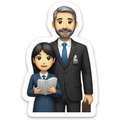 husband american age 55 trimmed beard wearing dark business suit holding bible together, wife asian age 55 wearing nurse uniform, no children sticker