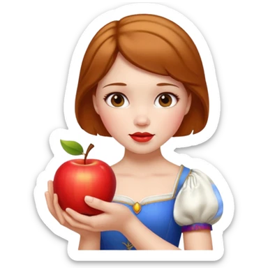 Create an emoji of Snow White holding a red apple, with short golden-brown hair. sticker