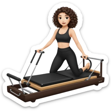 brunette,curly hair shoulder length,turkish,beautiful,with some eyelined eyes, 3b girl doing reformer pilates with black pilates cutesy set,on reformer machine,making different moves.just one person sticker