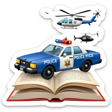 Icon for Action & Crime Reading: an open large book with text on the pages, a police car is driving out, with explosions behind, a helicopter flying above, a pistol with bullets in the front. The icon should capture the thrilling action and suspense of crime stories. Transparent background. sticker