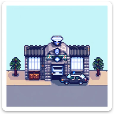 detailed police station building with police car parked outside, pixel art style sticker