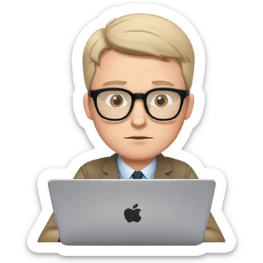 white male journalist typing on a laptop, wearing glasses, focused expression sticker