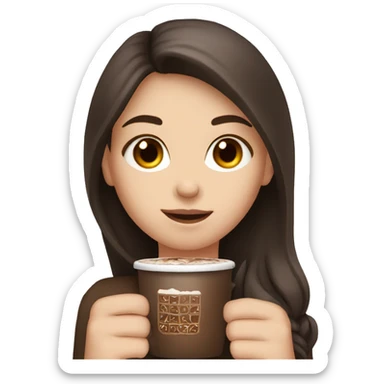white girl with dark brown long hair and a hot chocolate sticker