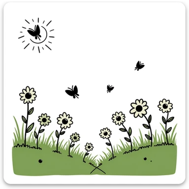 spring theme with blooming flowers, green grass, butterflies, and sunshine in pastel colors dd9fb0, ffc6d3, a3bfc9, c4bee2, f1b091, detailed hand-drawn doodle style sticker