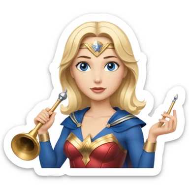 Blonde blue eyed Wonder Woman holding white orchestra conductor’s baton and bell sticker