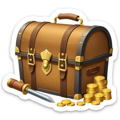 An icon showcasing a treasure chest filled with gold, a treasure map rolled up beside it, a backpack and shovel ready for the next adventure. The design captures the essence of treasure hunting, exploration, and excitement, set on a transparent background to emphasize the thrill of discovery. sticker