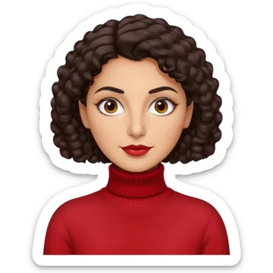 30 yr iranian woman dark brown hair curly wavy short hair, red turtle neck sweater, thick eyebrows sticker