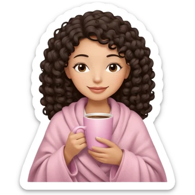 hispanic woman, light brown skin, black long 3b curls, closed eyes, feminine face, holding soft pink coffee cup with beige blanket over shoulders sticker
