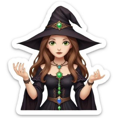 dark witch girl with long light brown hair and green eyes and Tarot cards sticker