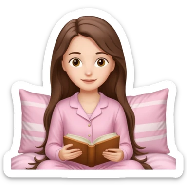  happy white long brunette hair girl with hazel eyes in light pink pajamas reading Pride and Prejudice sticker