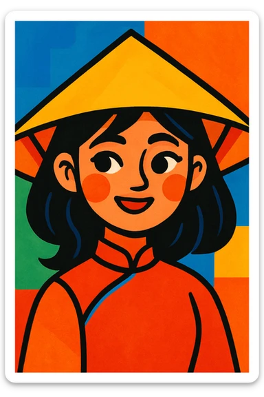 portrait of a Vietnamese girl, vibrant cartoon style, colorful, lively, expressive sticker