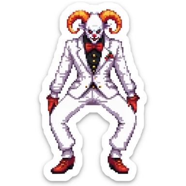 full-body demonic clown in a white leisure suit with bellbottom pants, bald, black ram horns, wearing elevator shoes sticker