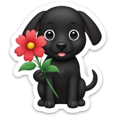 black dog holding flowers sticker