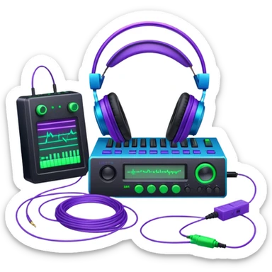 Create a creative and technical emoji that represents sound design. The design should feature a soundwave, a pair of studio headphones, and an audio synthesizer or soundboard to symbolize the manipulation and creation of unique soundscapes. Add subtle elements like audio cables, a mixing console, or a waveform to reflect the technical aspect of sound design. Use vibrant, futuristic colors like neon blue, purple, and green to represent innovation and creativity in sound. The background should be transparent. sticker