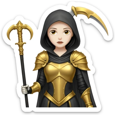 feminine grim reaper in a gold with scythe sticker