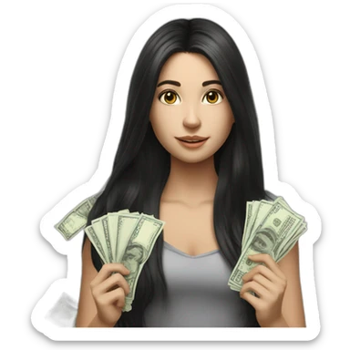 hyperrealist caucasian girl black long hair holding money sticker