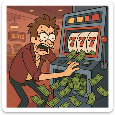 frantic gambler scraping a slot machine, money pouring out, distressed expression, casino setting, vibrant cartoon style sticker