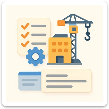 Flat emoji-style illustration of a software registry for a construction company. Includes a checklist/database icon, small gear/settings symbol, building/crane for construction theme, and a simplified UI card with lines for descriptions. Rounded shapes, soft shadows, friendly color palette. Clear, professional, and approachable sticker
