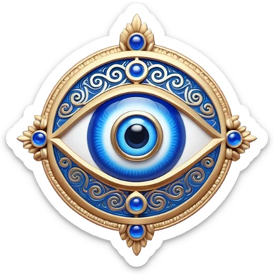 Cinematic Realistic depiction of a classic Evil Eye talisman, rendered with intricate details and vibrant blue hues, set against a soft, ethereal backdrop that underscores its protective symbolism sticker